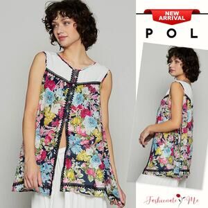 POL Boho Lace Detail Floral Print Contrast Stitching Sleeveless Blouse | Ivory